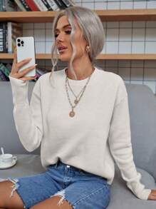 SHEIN LUNE Plain Crew Neck Long Sleeve Minimalist Knitted Sweater, Casual Everyday Wear,Long Sleeve Tops, Fall Winter - White - View 4