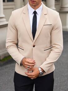 Manfinity Mode Men's Solid Color Minimalist Daily Wear Knit Blazer - Khaki - View 5