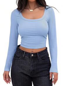 SHEIN EZwear Women Round Neck Solid Color Fitted Long Sleeve T-Shirt - Baby Blue - View 1