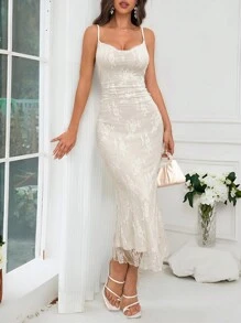 Firerie Elegante y romántico vestido de sirena de punto blanco para mujeres con camisola de encaje para la temporada de bodas, citas, vacaciones y fiestas