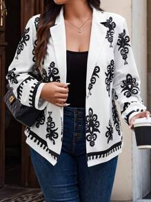 Breezaya 大尺碼女士復古風格印花夾克 - 黑與白 - 查看 4