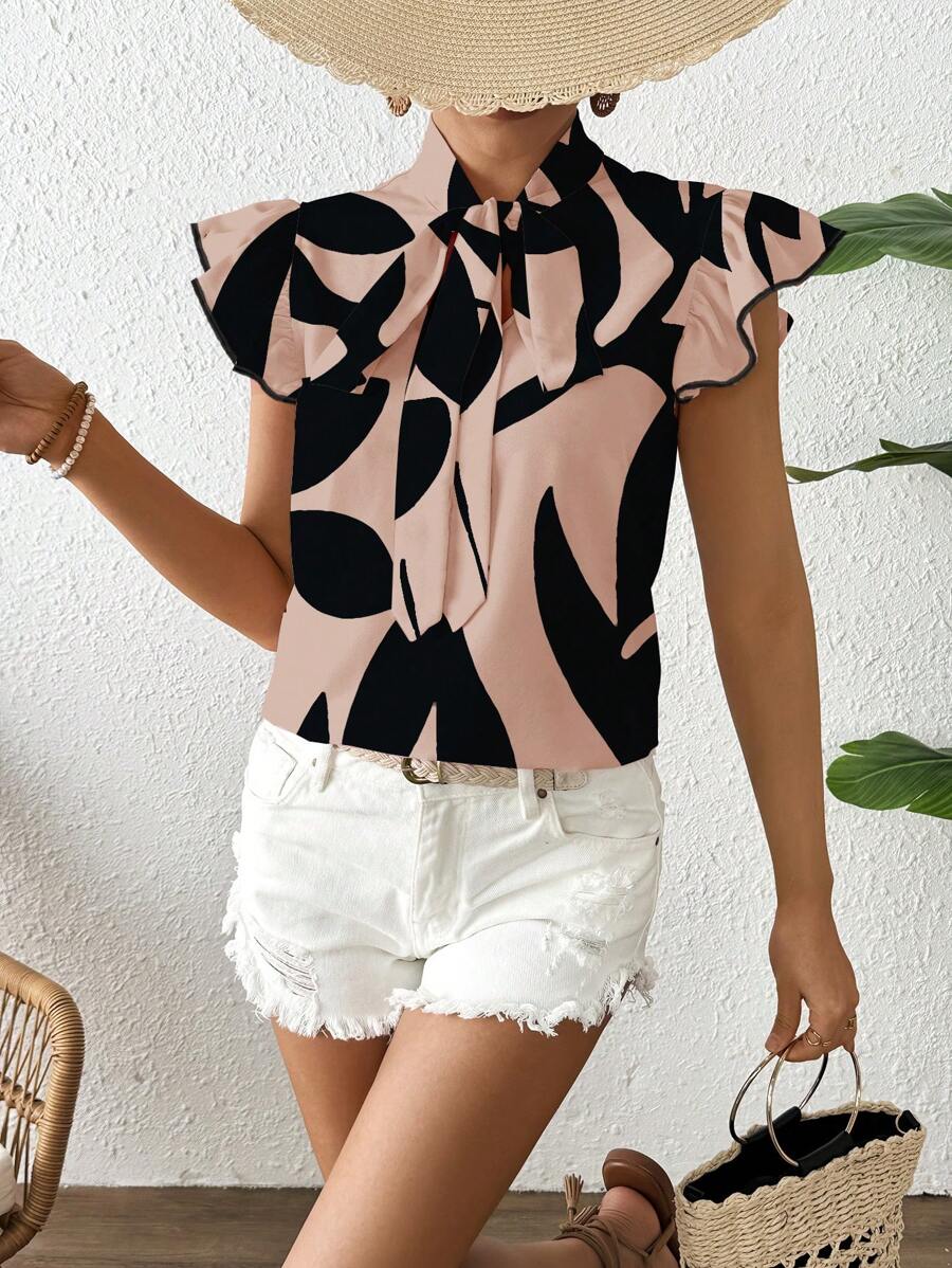 Chiquease 花卉印花蝴蝶袖系带女式衬衫，春夏