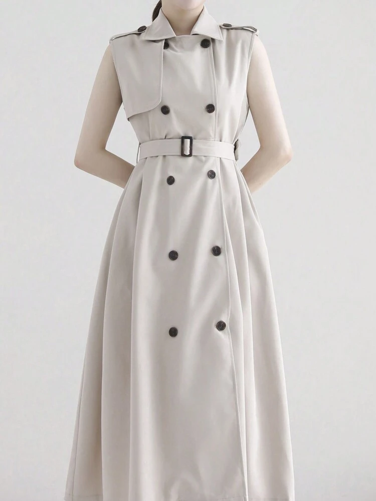 Women Spring/Summer Casual Solid Lapel Double-Breasted Cinched Waist Sleeveless Trench Coat