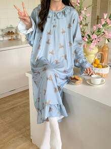 DAZY Cute Bear Pattern Ruffle Hem Loose Sleep Dress, Moo Moo, Fall Pajama, Winter - Blue - View 8