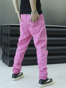 Manfinity EMRG 男式口袋破洞直筒休闲粉色牛仔裤