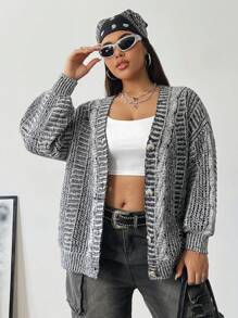 大码女式宽松多色麻花针织灯笼袖开衫 - 彩色 - 查看 7