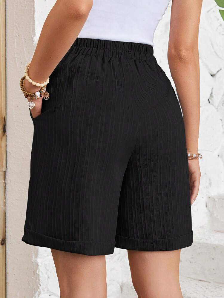 Women's Solid Color Waist Tie Pocket Casual Shorts