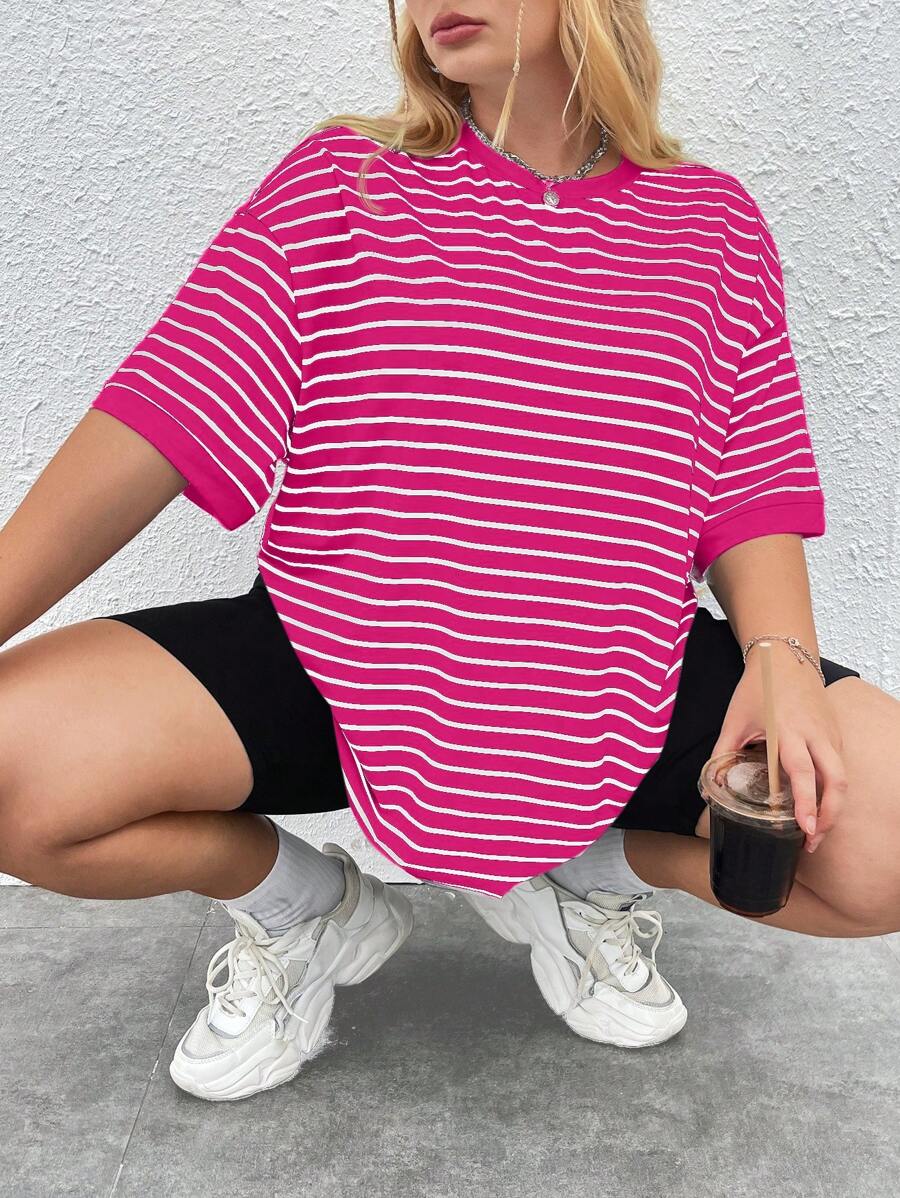 SHEIN EZwear Valentine's Day,Plus Size Women Striped Print Round Neck Short Sleeve T-Shirt, For Summer - Hot Pink - View 1