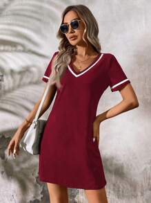 EMERY ROSE V-Neck Contrast Color Rib-Knit Black Casual Dress - Burgundy - View 6