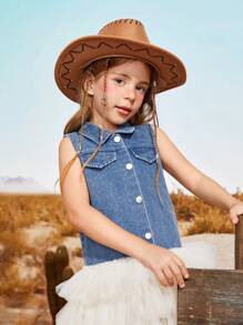 Vestido informal de fiesta para niñas jóvenes con cuello, sin mangas, patchwork de mezclilla y tutú de tul estilo vaquera - Azul - Ver 6