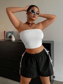 POPSWAY Pantalones cortos de verano casuales con lazo y rayas laterales para tallas grandes