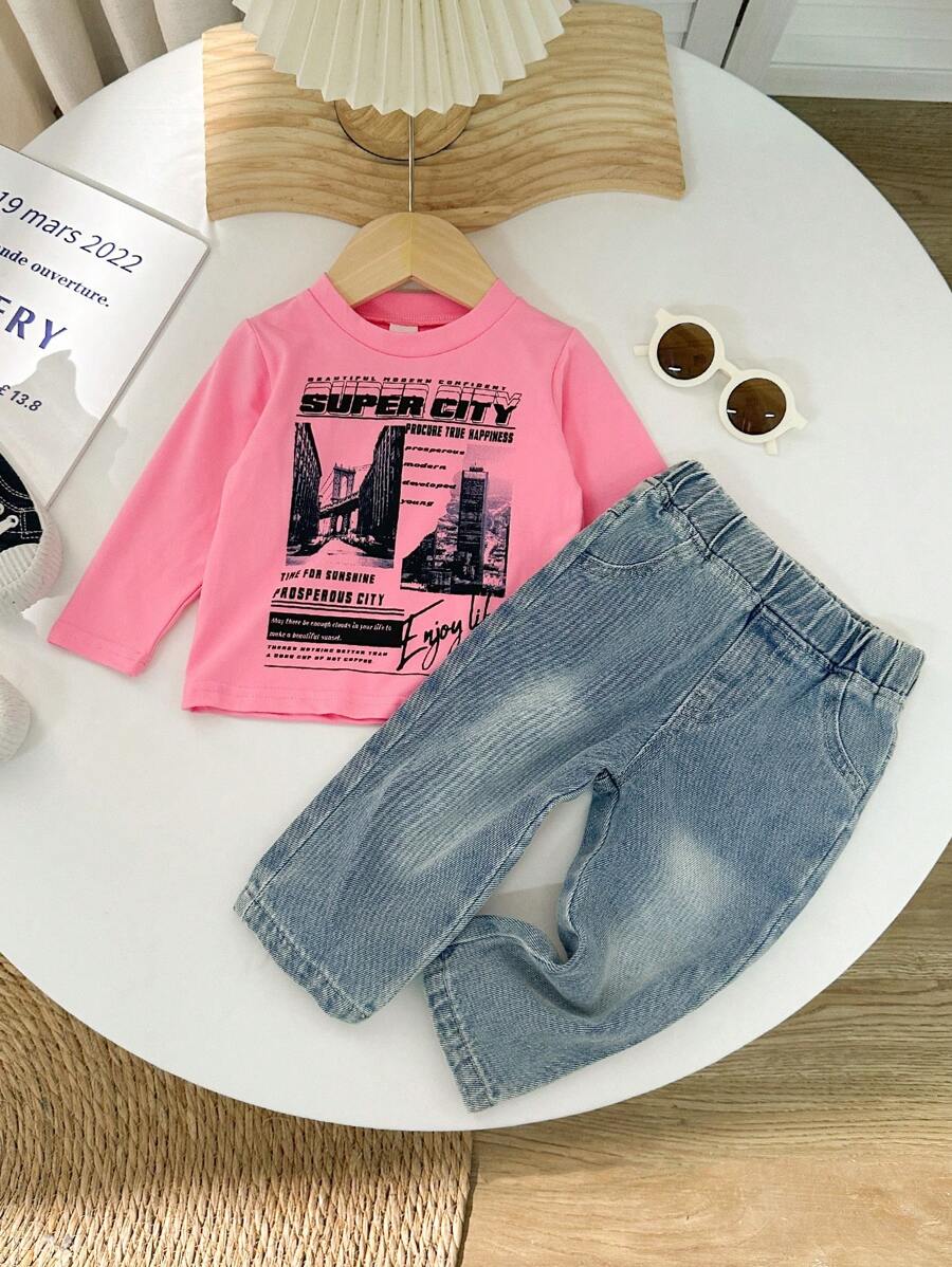 Baby Girl Round Neck Scenery City Printed Long Sleeve T-Shirt And Solid Color Jeans Casual Outfit Set