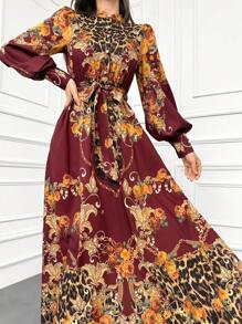Modelyn Burgundy Red Women's Printed Single-Breasted Long Sleeve Arabic Style Dress Long Evening Dresses