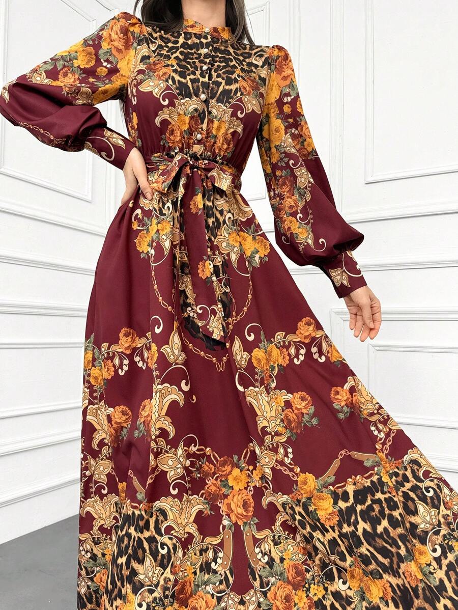 Modelyn Burgundy Red Women's Printed Single-Breasted Long Sleeve Arabic Style Dress Long Evening Dresses