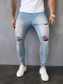 Manfinity LEGND Men's Light Blue Washed Distressed Slim Fit Denim Jeans - Light Wash - View 1
