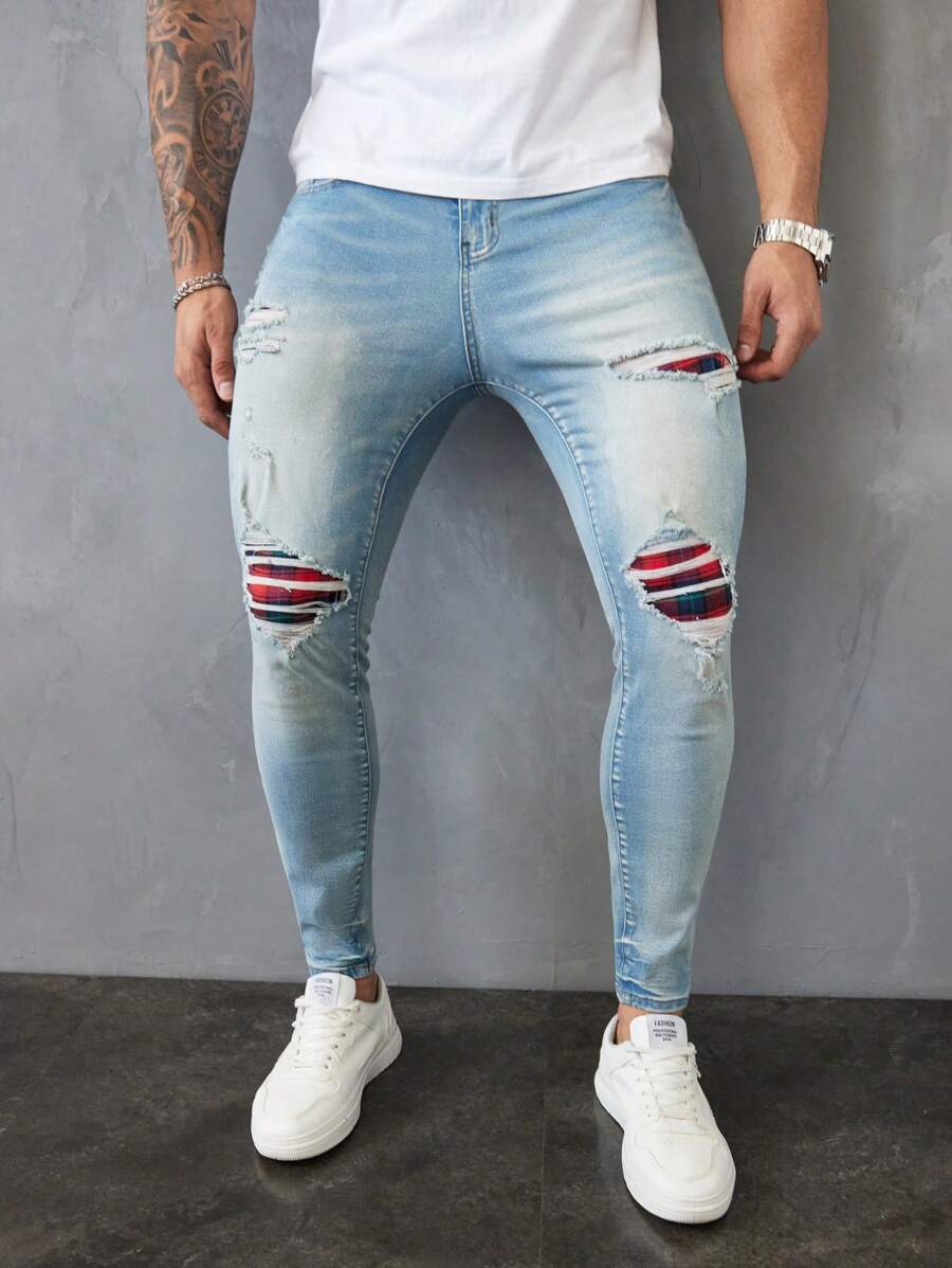 Manfinity LEGND Men's Light Blue Washed Distressed Slim Fit Denim Jeans - Light Wash - View 1
