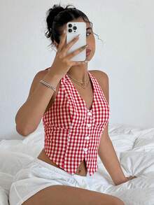 Muchica Áo ba lỗ dệt cổ kẻ sọc đỏ dành cho nữ - Đỏ và trắng - Xem 4