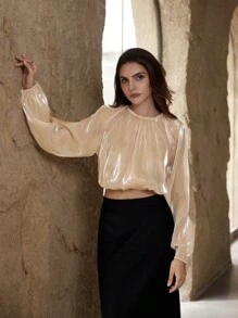 SHEIN Privé 亮面面料褶皱下摆泡泡袖长袖衬衫 - 淺粉色 - 查看 6