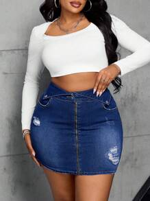 Slaydiva Minifalda vaquera informal con cremallera delantera slim y rasgada para tallas grandes en verano - Azul lavado oscuro - Ver 1