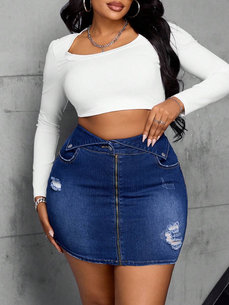 Slaydiva Minifalda vaquera informal con cremallera delantera slim y rasgada para tallas grandes en verano - Azul lavado oscuro - Ver 1