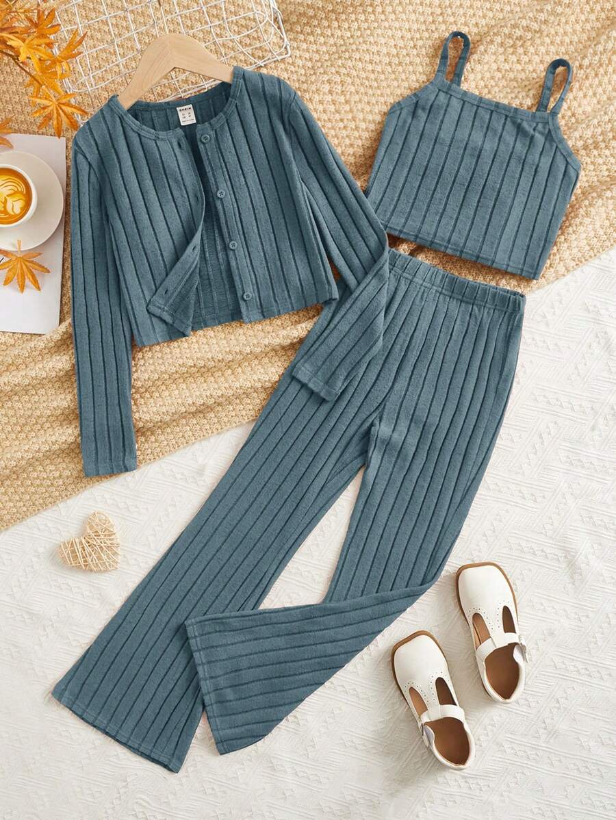 SHEIN Tween Girls Knitted Ribbed Cardigan, Camisole Top And Pants Casual Outfit