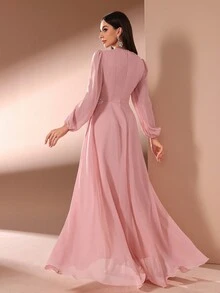 女士 V 领长袖连衣裙，采用 3D 花朵贴花设计 - 粉色 - 查看 2
