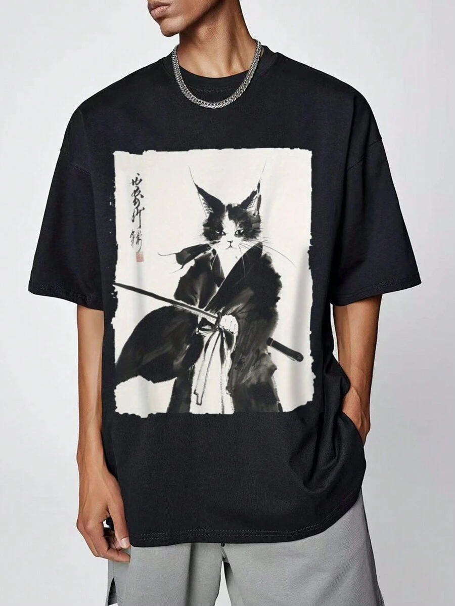 Manfinity Homme Camiseta casual de cuello redondo de manga corta con estampado de gato para hombre - Negro - Ver 1