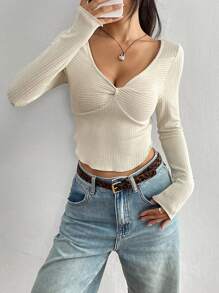 Flirla Áo thun nữ tay dài màu trơn, dáng ôm, áo len gân mùa xuân và mùa hè, áo len crop top gợi cảm - Màu be - Xem 6