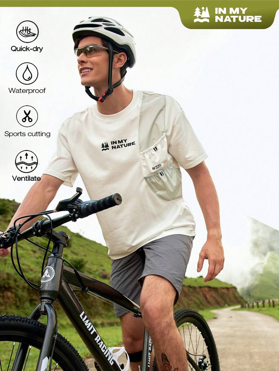 In My Nature Contrast Color Round Neck Letter Print Short Sleeve Outdoor T-Shirt, Summer - Beige - View 1