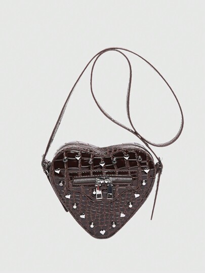 Grunge Punk New Women's Diagonal Shoulder Bag, Fashionable Crocodile Pattern Crossbody Bag, Rivet Detailing, Punk & Chic Style