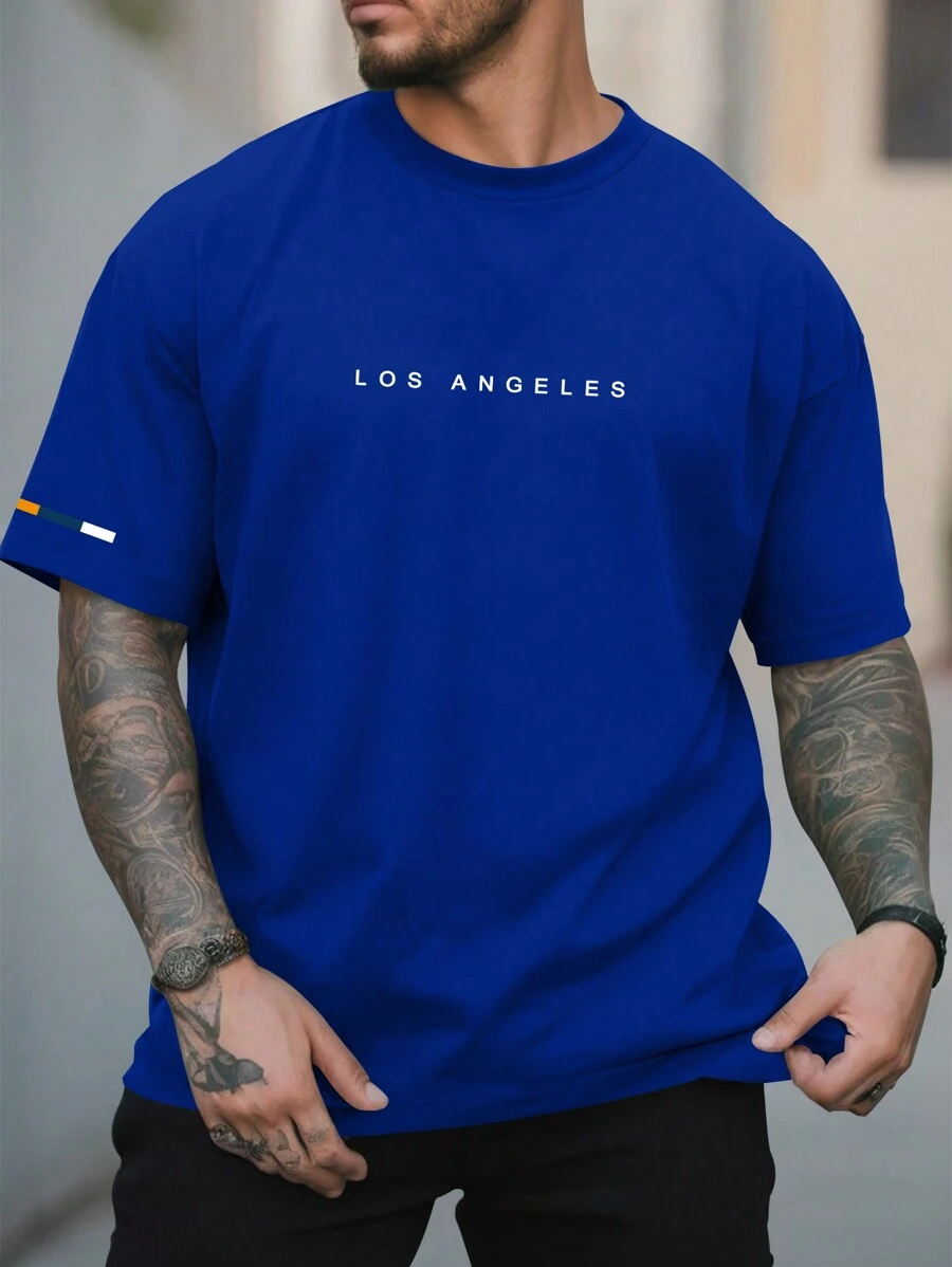 Manfinity Homme 男士夏季短袖休閒T卹，印有字母圖案 - 藍色 - 查看 1