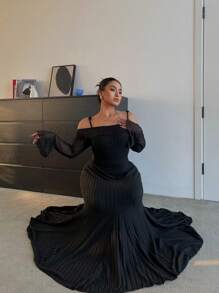 Flirla 加大码圆领细肩带罗纹连衣裙，黑色超长女装