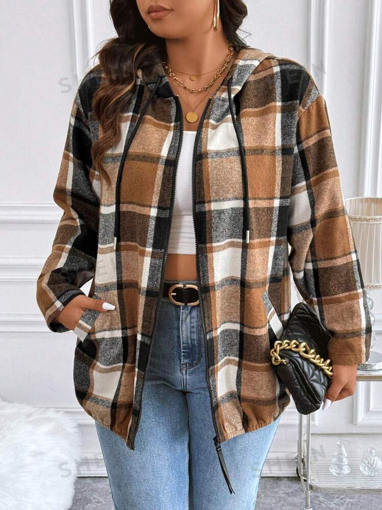 SHEIN Essnce Plus Size Women s Plaid Printed Hooded Long Sleeve Jacket Fall Clothes SHEIN