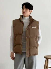 DAZY Men's Padded Vest With Letter Print, Winter Jacket - Khaki - View 15