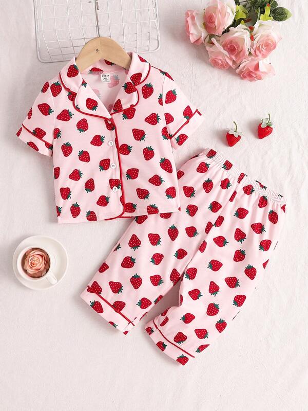 2 piezas/set Conjunto de camisa con patrón de fresa y pantalones rectos para niña bebé, pijama informal para primavera y otoño