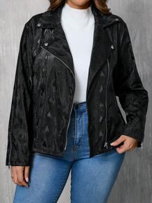SHEIN LUNE Plus Size Dark Floral Pattern Long Sleeve Zip-Up PU Jacket For Autumn & Winter Winter Clothes - Black - View 1