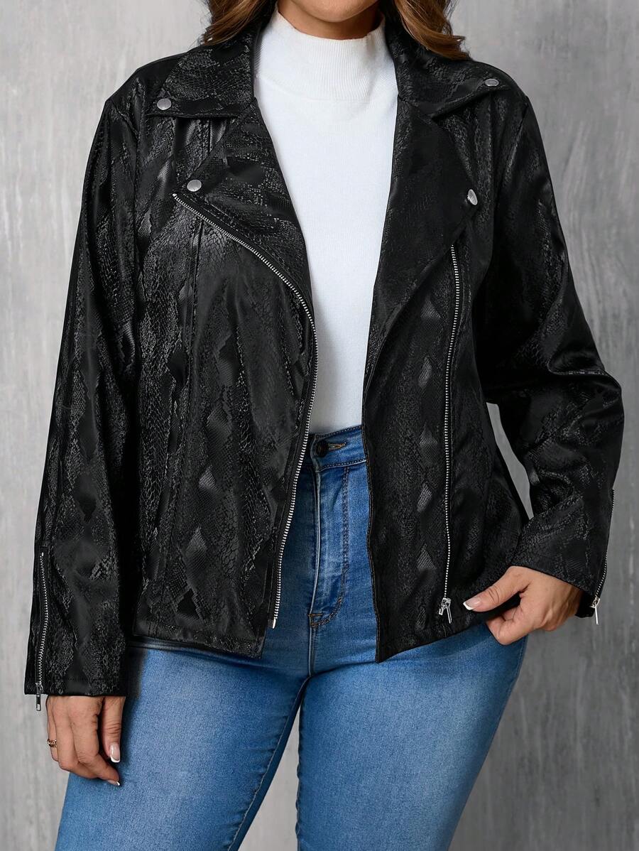 SHEIN LUNE Plus Size Dark Floral Pattern Long Sleeve Zip-Up PU Jacket For Autumn & Winter Winter Clothes - Black - View 1