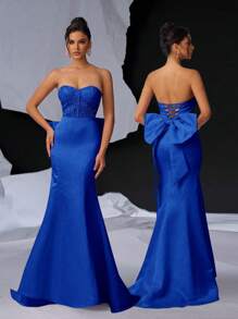 Glamrae Elegant Romantic Strapless Lace Embroidered Pearl Beaded Backless Adjustable Tie Waist Mermaid Hem Evening Party Dress Prom Semi Formal Wedding Guest Dress, For Birthday, Graduation, Homecoming