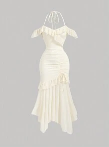 SHEIN MOD Women's Knitted Apricot Dress,White Women Dresses,Fall Dresses