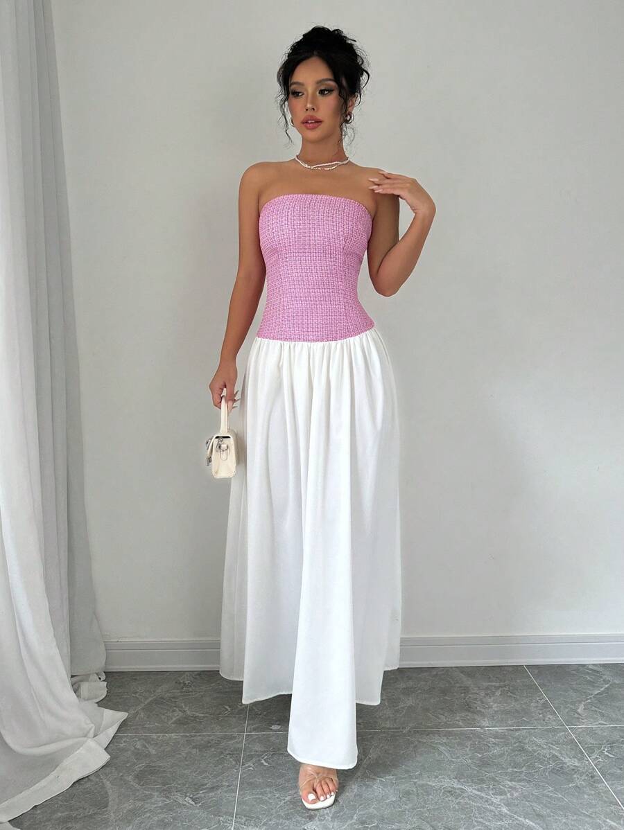 Elenzga Women Summer Elegant Contrast Color Patchwork Dress - Hot Pink - View 1