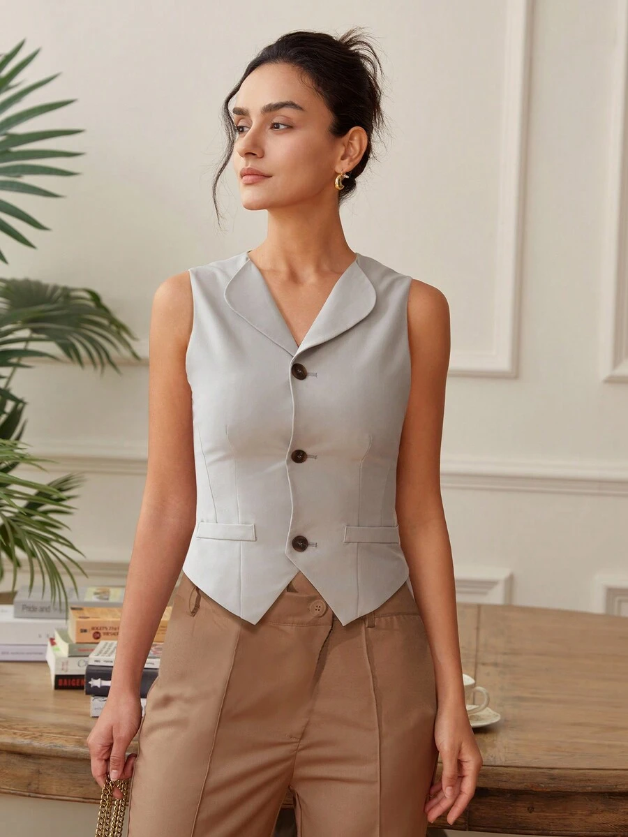 Women's Button-Up Collared Waist Fitted Thin Blazer - Grey - View 1