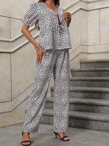 Chiquease 2入組女士深V領波點短袖上衣，帶系帶舒適寬鬆直筒褲 - 彩色 - 查看 6