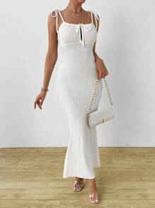 Calvaya Solid Color Tie-Front Pleated Drawstring Cami Dress, Summer