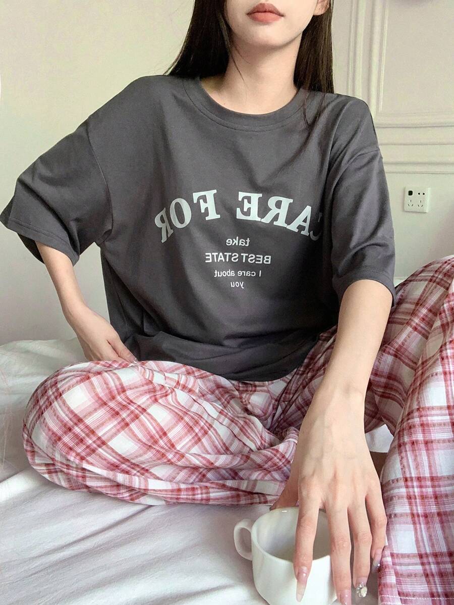 DAZY 字母装饰宽松上衣和格子裤家居服套装