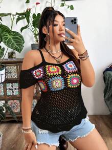 Flirla Áo len đan vai có hoa cỡ lớn dành cho nữ cho kỳ nghỉ - màu đen - Xem 6