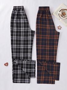 2 piezas Conjunto de pantalones de pijama a cuadros para mujer