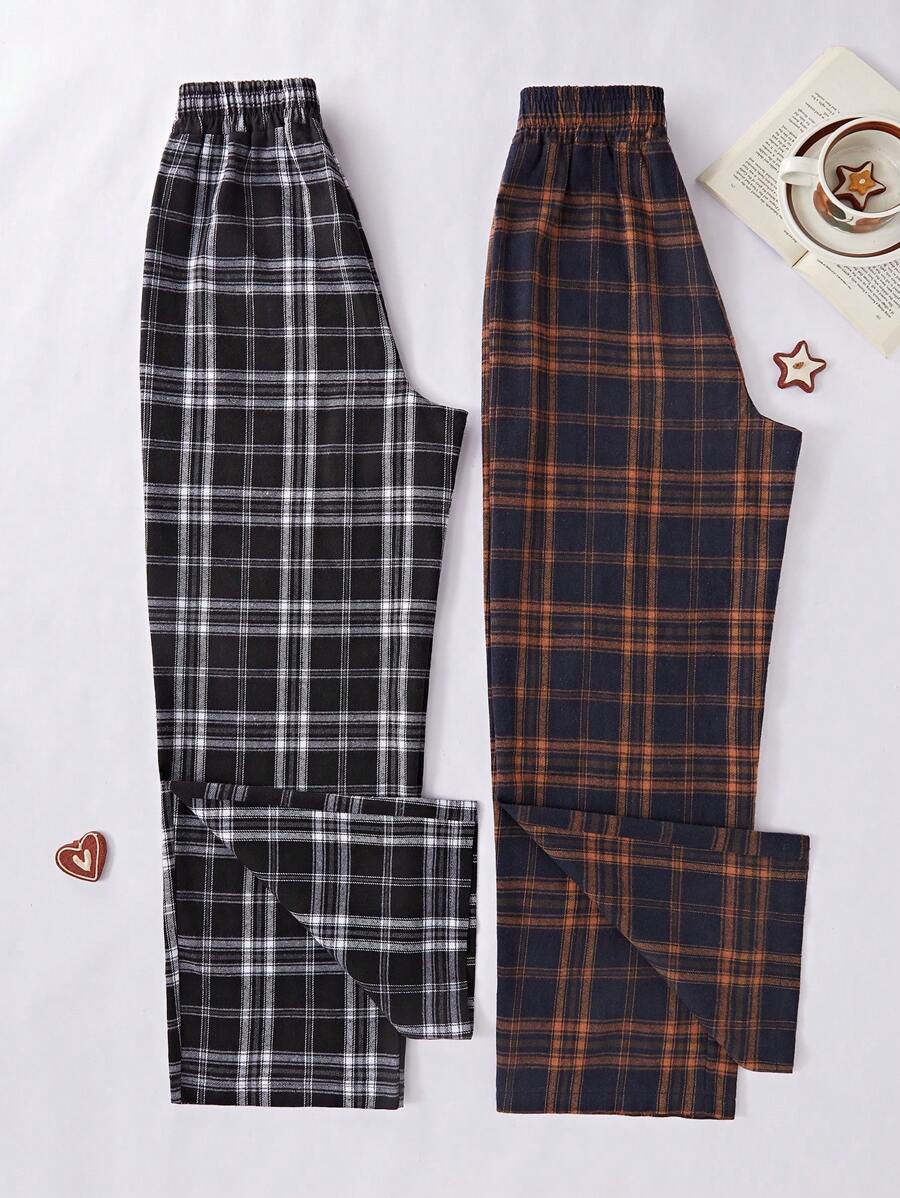 2 piezas Conjunto de pantalones de pijama a cuadros para mujer
