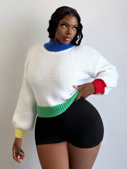 Slaydiva Casual Cute Sweet College Style Semi-High Collar Drop Shoulder Lantern Sleeve Colorblock Loose Knitted Sweater For Women
