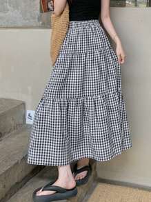 Dazy Designer Women's High Waisted Plaid Textured Skirt With Layered Ruffle Hem