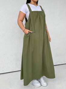 SHEIN EZwear 加大翻盖口袋连衣裤（不含 T 恤），适合日常穿着 - 軍綠色 - 查看 7